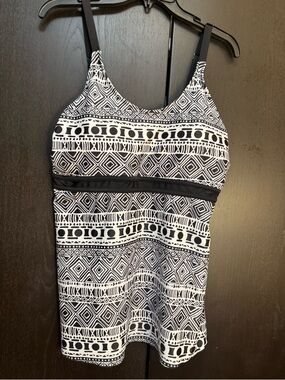 Black & White Geometric Tankini Top with Black Bikini Bottom